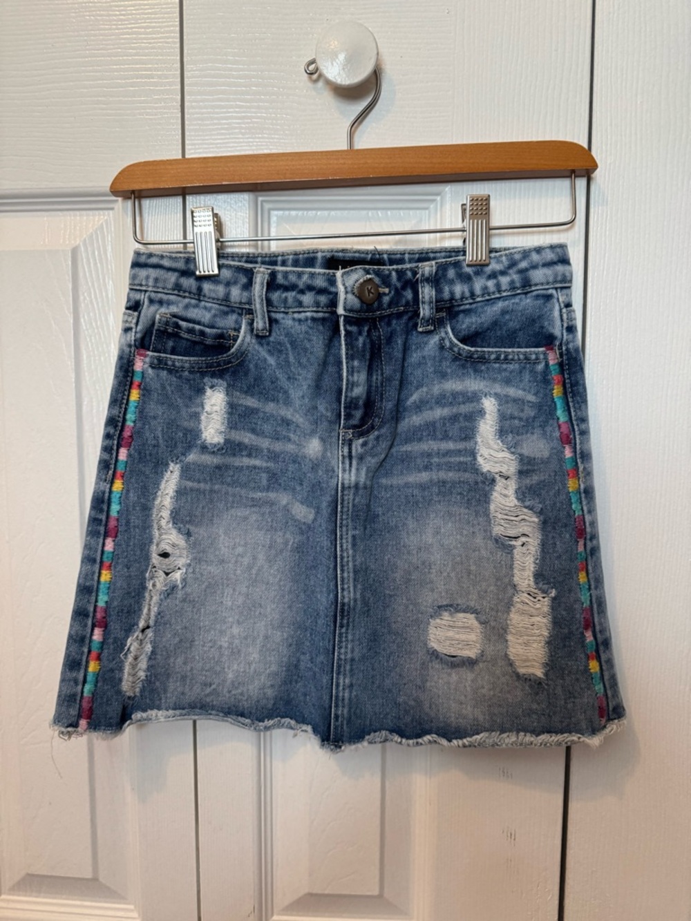 kidpik Blue Distressed Denim Skirt with Rainbow Side Trim